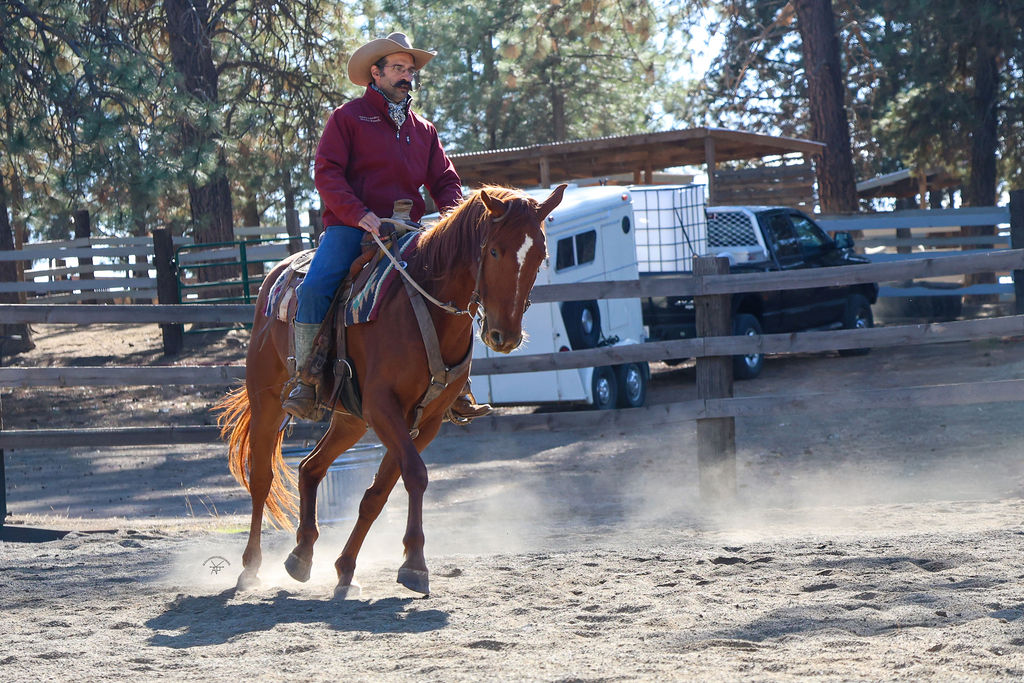 Eddie riding a chestnut horse during a ranch horse lesson