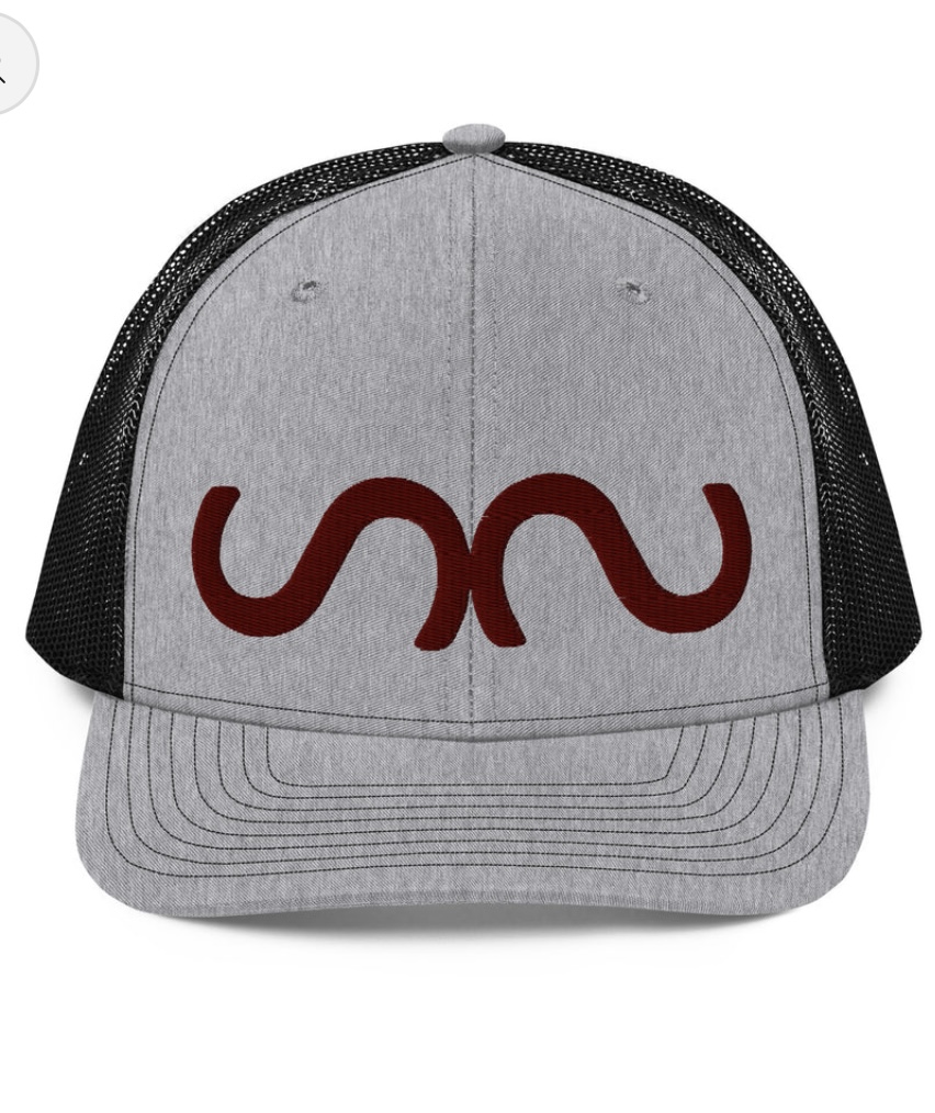 Gray and black cap with maroon mustache mark