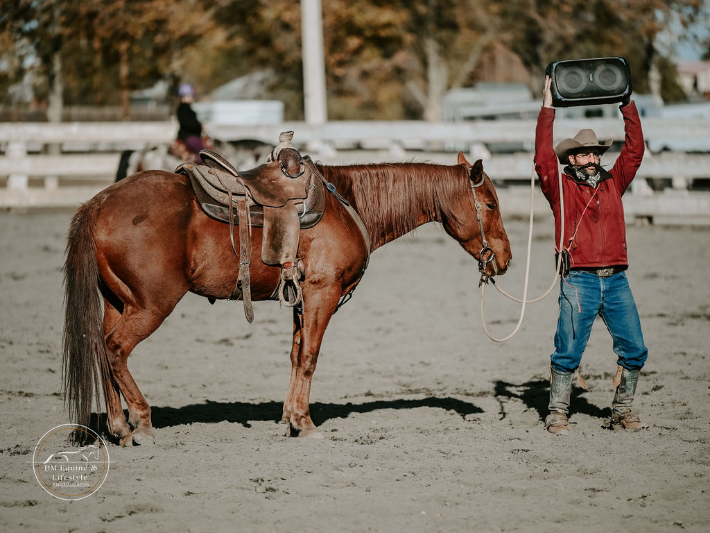 Eddie Landry demonstrating audio-guided practice with a saddled horse